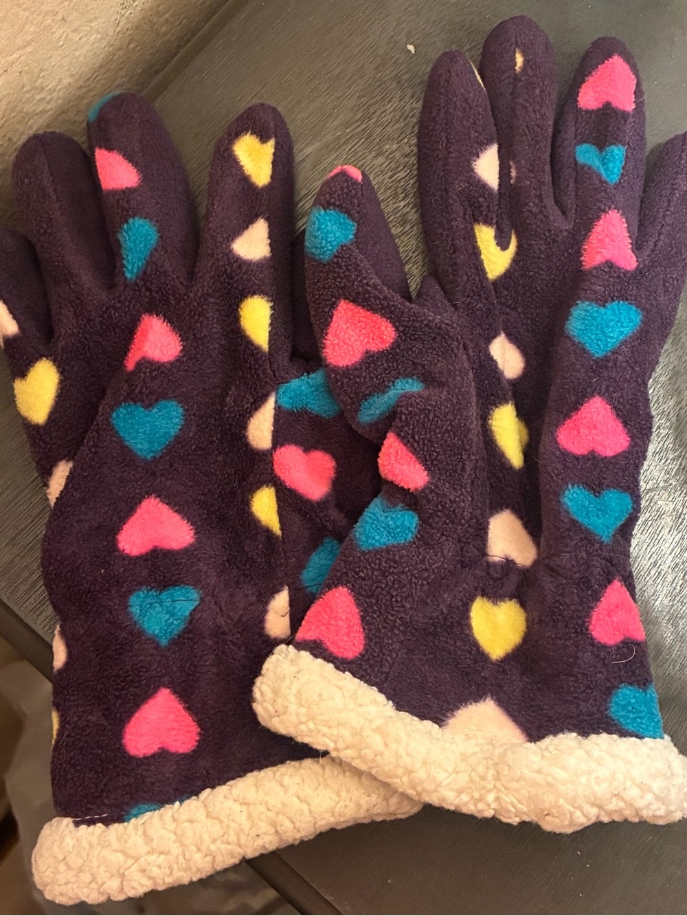 Target Kids Fleece Mittens - purple with Pink, Teal, Yellow, Cream Hearts
